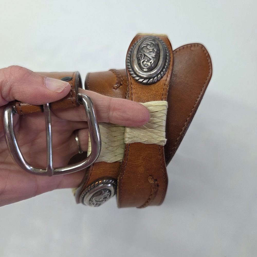 Western Leather Belt Mens 38-40 Tan‎ Silver Concho Rawhide Whipstitch USA Made